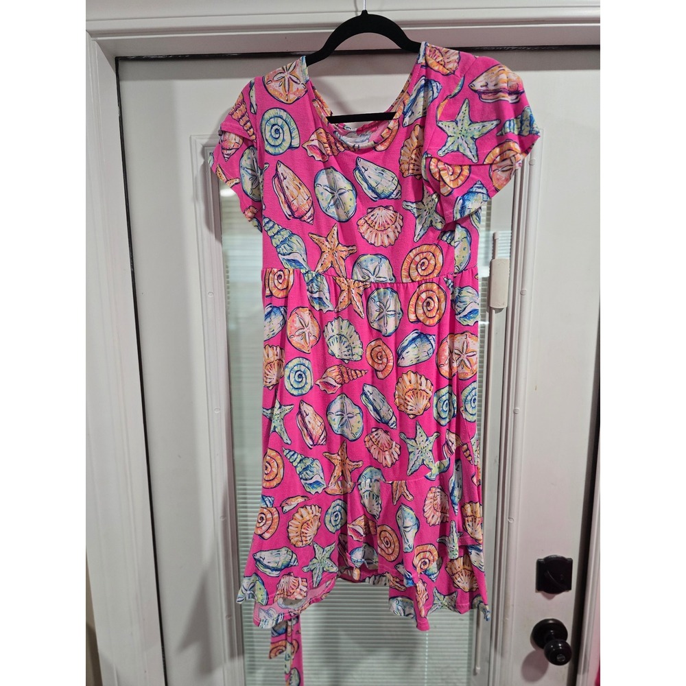 Simply Southern Pink Seashell Starfish Print Ruffle Hem Dress Medium